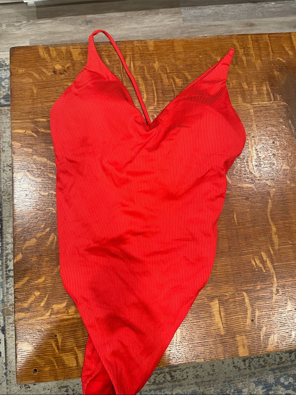 Red Ribbed One-Piece Swimsuit - Classic V-Neck
